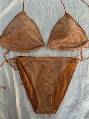 NWOT Forever 21 Shimmer Triangle Bikini Set in Copper Top L Btm M